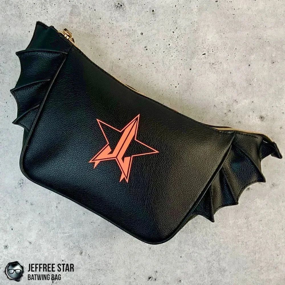 JEFFREE STAR BAT PURSE ZIPPER MAKEUP COSMETIC BAG IN BLACK VEGAN LEATHER BATWING